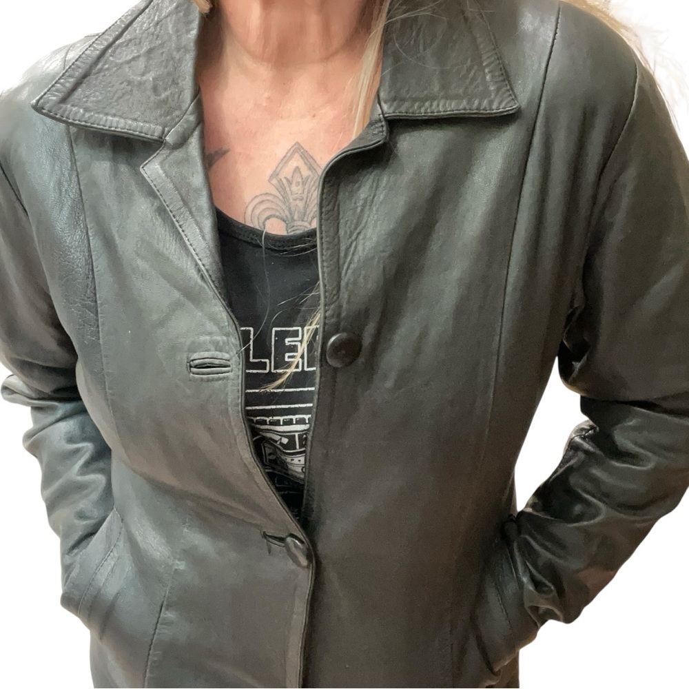 Black leather moto classic womenβs blazer jacket -M vintage - Picture 3 of 8